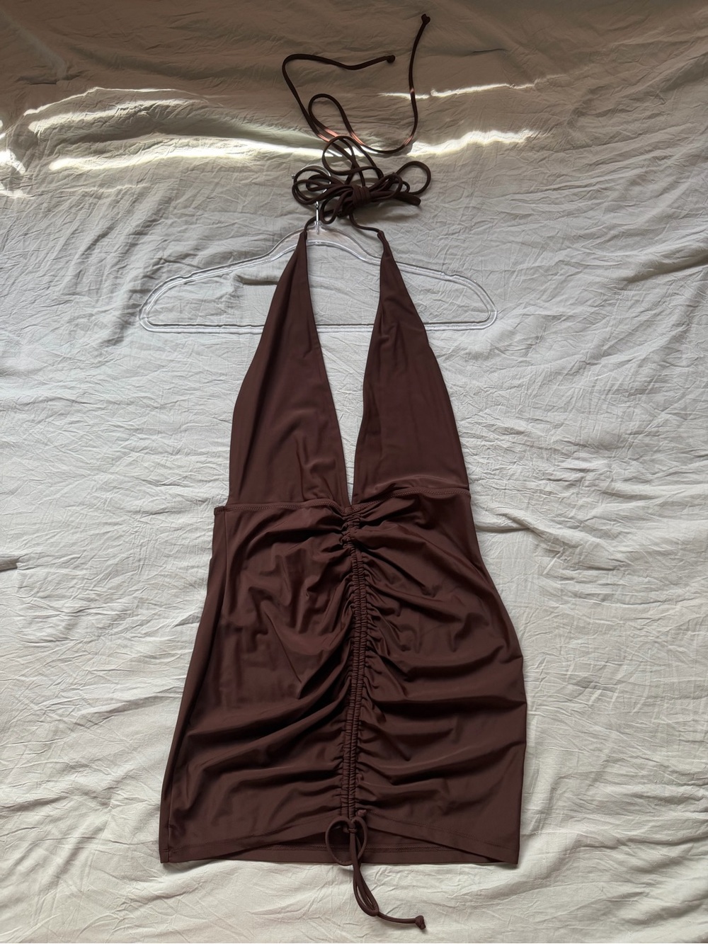 White Fox Boutique Chocolate Brown Halter Mini Dress Ruched Tie-Front Sz M